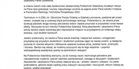 Powiększ grafikę: List gratulacyjny od Politechniki Gdańskiej